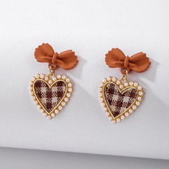 925 Silver Needle Vintage Pearl Fabric Love Heart Bow Tie Earrings European and American Ins Simple Autumn and Winter Check Graceful Earrings