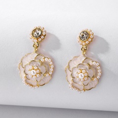 925 Silver Needle Vintage Pearl Rhinestone Camellia Earrings European and American Ins Simple Elegant High-Grade Flower Earrings for Women