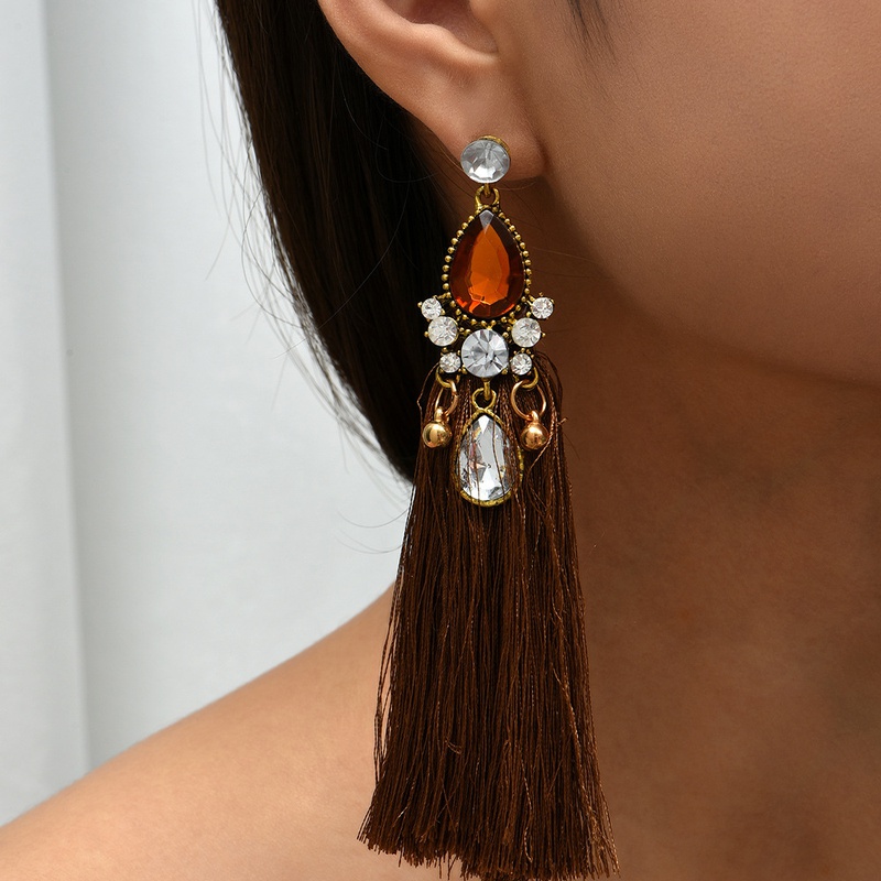 retro earrings flowershaped diamondstudded long handmade tassel earrings women wholesale