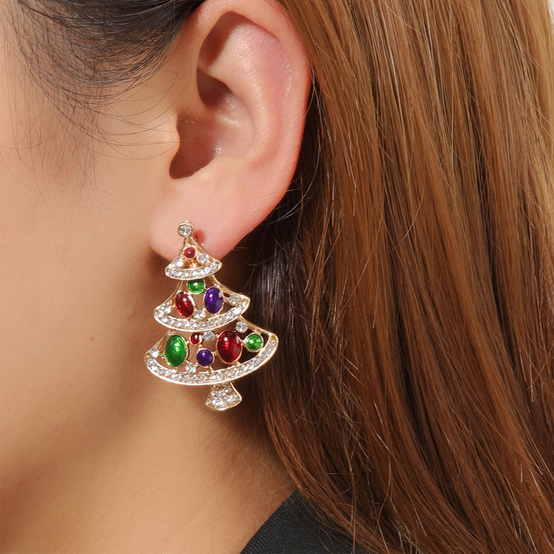 European and American Fashion Creative Style Christmas Tree Earrings Diamond Jewelry Alloy Jeweled Earrings Accessories