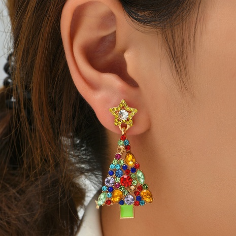Simple and fashionable drop oil diamond Christmas tree star colored diamond Christmas earrings's discount tags