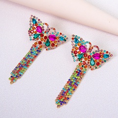 creative alloy rice grain diamond-studded rhinestone super flash butterfly tassel earrings