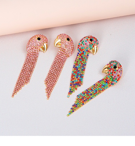 Creative alloy diamond rhinestone parrot head tassel earrings's discount tags
