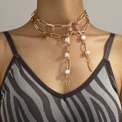 neue Art und Weise Retro-Blatthalskettenpersönlichkeit einfache Perlennahtquaste mehrschichtige Halskette