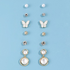 6 Pairs Butterfly Pearl Rhinestone Fashion Simple Stud Earring Set