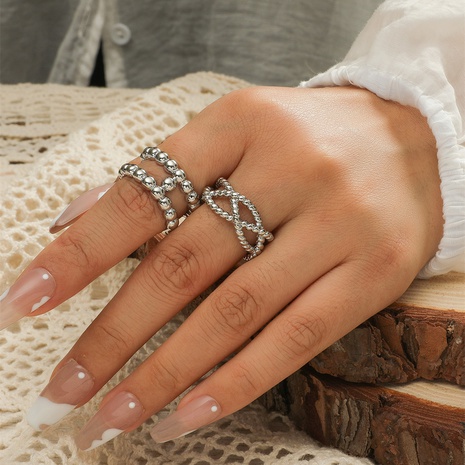 18KGP retro geometric silver beads open ring fashion ring set women's discount tags
