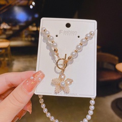 Retro baroque retro pearl necklace petal pendant stainless steel necklace