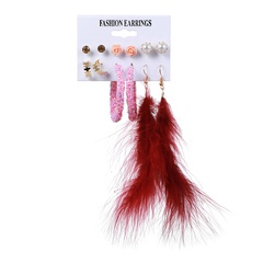 Fashion 6 Pairs Pearl Flower Stud Set Retro Pop Feather Sequin Geometric Earrings