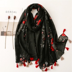 Retro ethnic style Bali yarn black big flower with sequins tassel scarf shawl