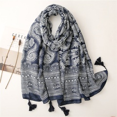 Exotic blue and white porcelain square circle silk scarf long braid mustache scarf cotton and linen feel scarf