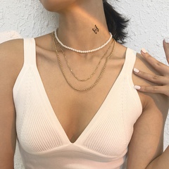 Geometrische Retro-Mehrschicht-Halskette mit Nachahmung von Perlen