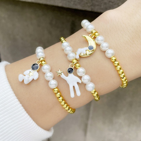 Astronaut couple pearl bracelet round bead elastic bracelet's discount tags