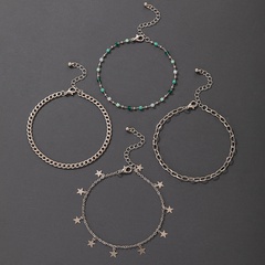 bracelet de cheville rétro ethnique étoile à cinq branches vert petite pierre chaîne épaisse chaîne de cheville multicouche quatre pièces