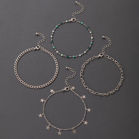 bracelet de cheville rétro ethnique étoile à cinq branches vert petite pierre chaîne épaisse chaîne de cheville multicouche quatre pièces's discount tags