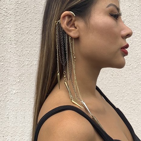Fashion metal chain tassel European and American punk geometric rivet ear bone clip earrings's discount tags