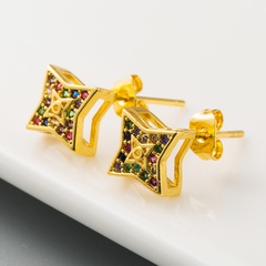 Korean fashion small hollow four-pointed star copper micro-inlaid color zircon simple wild earrings