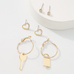 European and American simple key lock love asymmetrical micro-inlaid temperament earrings