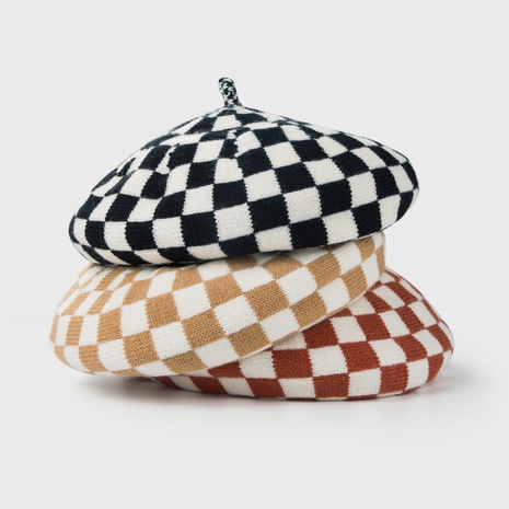 New checkerboard beret warm knitted wool hat Korean fashion painter hat NHHAO465497's discount tags
