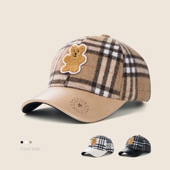 Children 'S Korean-Style Plaid Baseball Cap Autumn And Winter Leather Brim Stitching Warm Student Hat Cute Bear Patch Peaked Cap