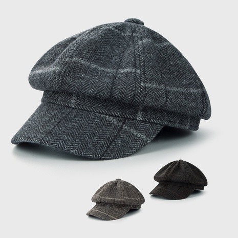 Retro beret Korean octagonal hat warmth plaid newsboy hat wholesale NHHAO465536's discount tags