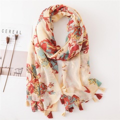Foreign trade single summer new silk sunscreen shawl beige bottom colored flowers cotton and linen scarf