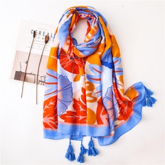 Silk Scarf Women's Tassel Blue Orange Contrast Color Cotton and Linen Scarf Long Dual-Use Air Conditioning Scarf Beach Scarf Sunscreen Shawl