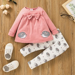 Girls bowknot pullover two-piece children's clothing cartoon T-shirt pants suit