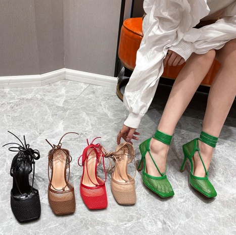 2021 nouvelles chaussures pour femmes à lacets en maille à bout carré creux sandales à talons aiguilles's discount tags