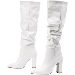 Nuevas botas de mujer puntiagudas con pliegues gruesos de tacón alto pero botas altas hasta la rodilla al por mayor
