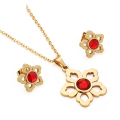 Foreign Trade Supply European and American Popular Plant Flower Ruby Crystal Glass Pendant + Two-Piece Earrings Set