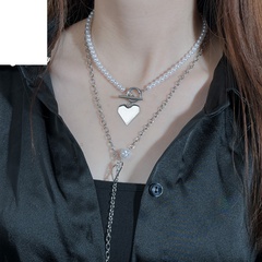 simple and versatile double-layer pearl chain peach heart stainless steel necklace