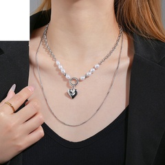 Double layered pearl peach heart necklace stainless steel clavicle chain