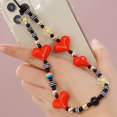 21 New Cross-Border Black and White Stripes round Beads Red Peach Heart Flower Mobile Phone Lanyard Personality Anti-Lost Mobile Phone Charm Women