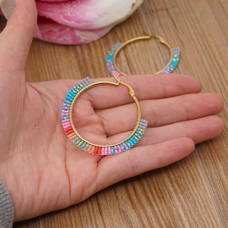 New Miyuki Rice Beads Handmade Beaded Exaggerated Bohemian Rainbow Stainless Steel Hoop Earrings