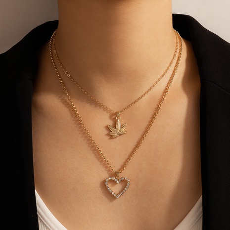 Bijoux simples Diamant Amour Double Collier Géométrique Feuille D'érable Collier Multicouche's discount tags