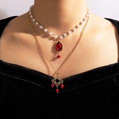 Retro-ethnischer Schmuck Perlen-Diamant-Doppelschicht-Halskette Nachahmung Rubin-Mehrschicht-Halskette