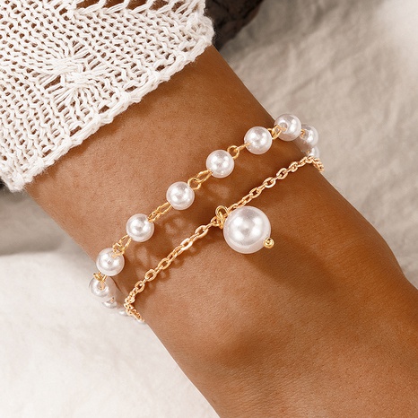 AliExpress Cross-Border European and American Fashion Ol Ornament Imitation Pearl Double-Layer Bracelet Beaded Chain Multi-Layer's discount tags