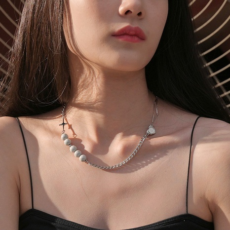 collier croix couture créative perle chaîne de clavicule en acier inoxydable en forme de coeur's discount tags