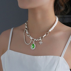 European and American new trend inlaid gemstone clavicle chain green water drop chain stitching necklace