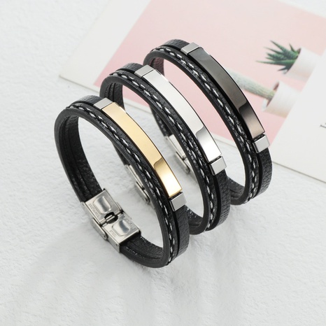 Cross-border retro European and American PU braided leather hand rope glossy stainless steel simple bracelet's discount tags