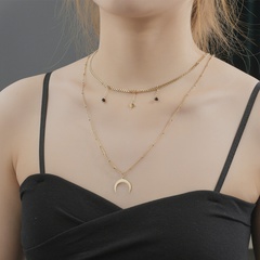trend round brand moon cross black rice bead double necklace simple 14K gold titanium steel clavicle chain