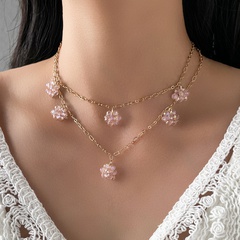 Europe and America Cross Border Hot Selling Personalized Fashion Small Fresh Double Layer Twin Crystal Pink Flower Pendant Necklace Accessories
