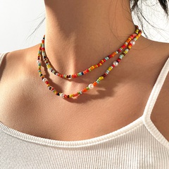 bohemian style short color rice bead and pearl mixed necklace personality simple double-layer necklace