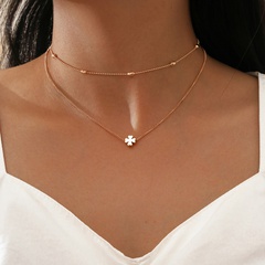 simple style double short round bead necklace four petal flower necklace