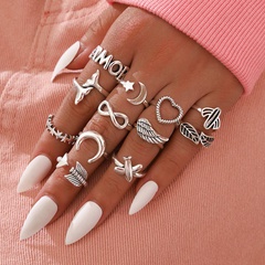 jewelry star moon airplane wings love hollow cactus joint ring twelve-piece set
