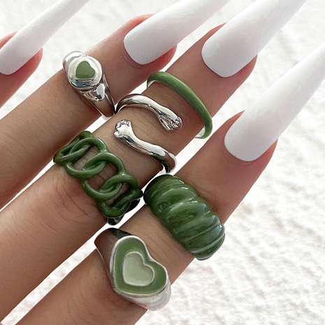 Conjunto de seis piezas de anillo de amor de aceite goteo pintura verde Retro nueva personalizada a través de la frontera de moda europea y americana's discount tags