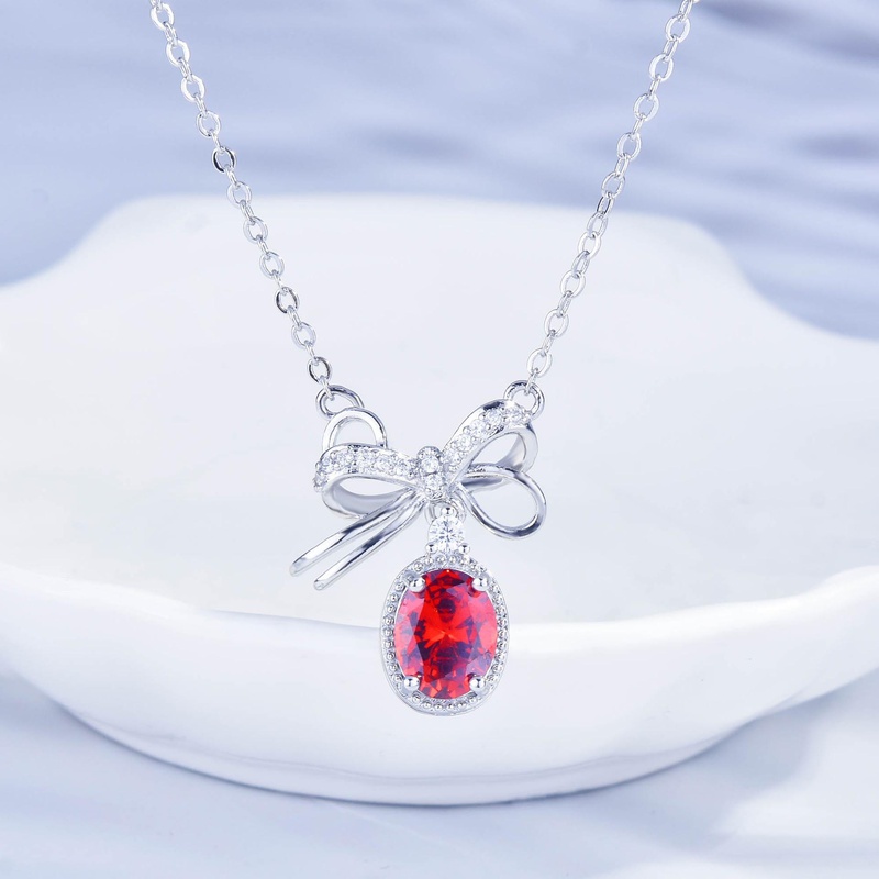 design garnet red zircon bow necklace Korean style ins niche temperament clavicle chain