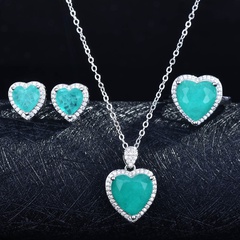 Wholesale Imitation Natural Paraiba Set Heart-shaped Ring Pendant Necklace Earrings Set