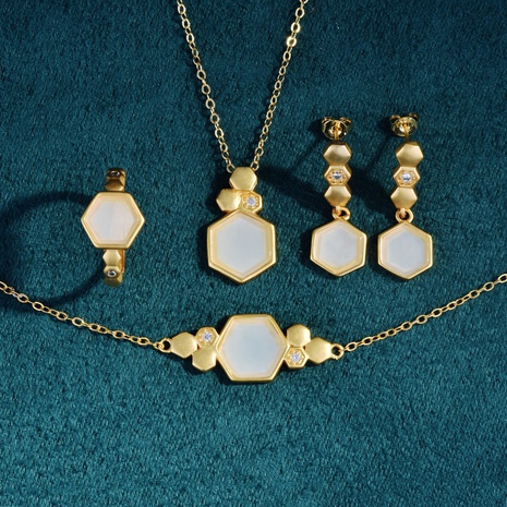 Creative Hexagonal Pendant Ring Earring Bracelet Fashion Gold Plated Hetian Jade Geometric Jewelry's discount tags