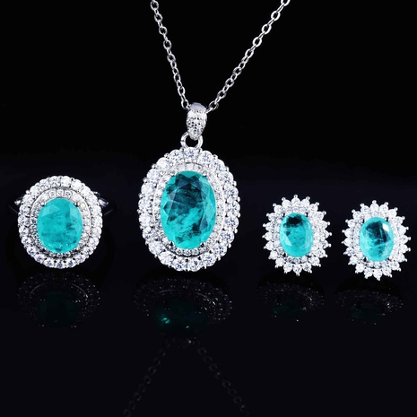 Imported Brazil Lake Blue Paraiba Set High Carbon Diamond Ring Pendant Earrings Set's discount tags